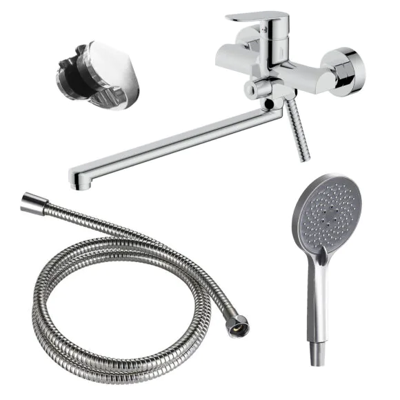 Смеситель для ванны Azario Alanti керамический картридж, длинный излив, с ручным душем, шланг 150 см, хром (AZ-K1732)