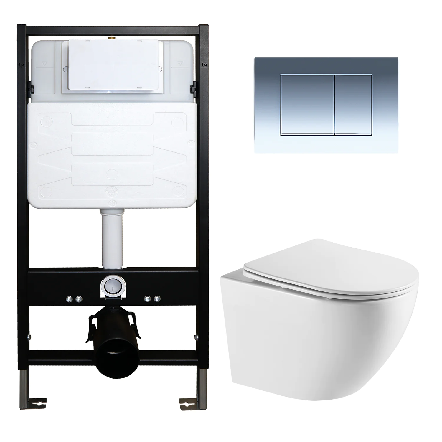 Сет: Инсталляция для подвесного унитаза AZARIO FORTE + подвесной унитаз Azario Grado безободковый, слив «скрытое Торнадо + Кнопка смыва AZARIO FORTE хром глянцевый (AZ-100-100F+AZ-0046-UQ3+AZ-100-002F) — фото №1